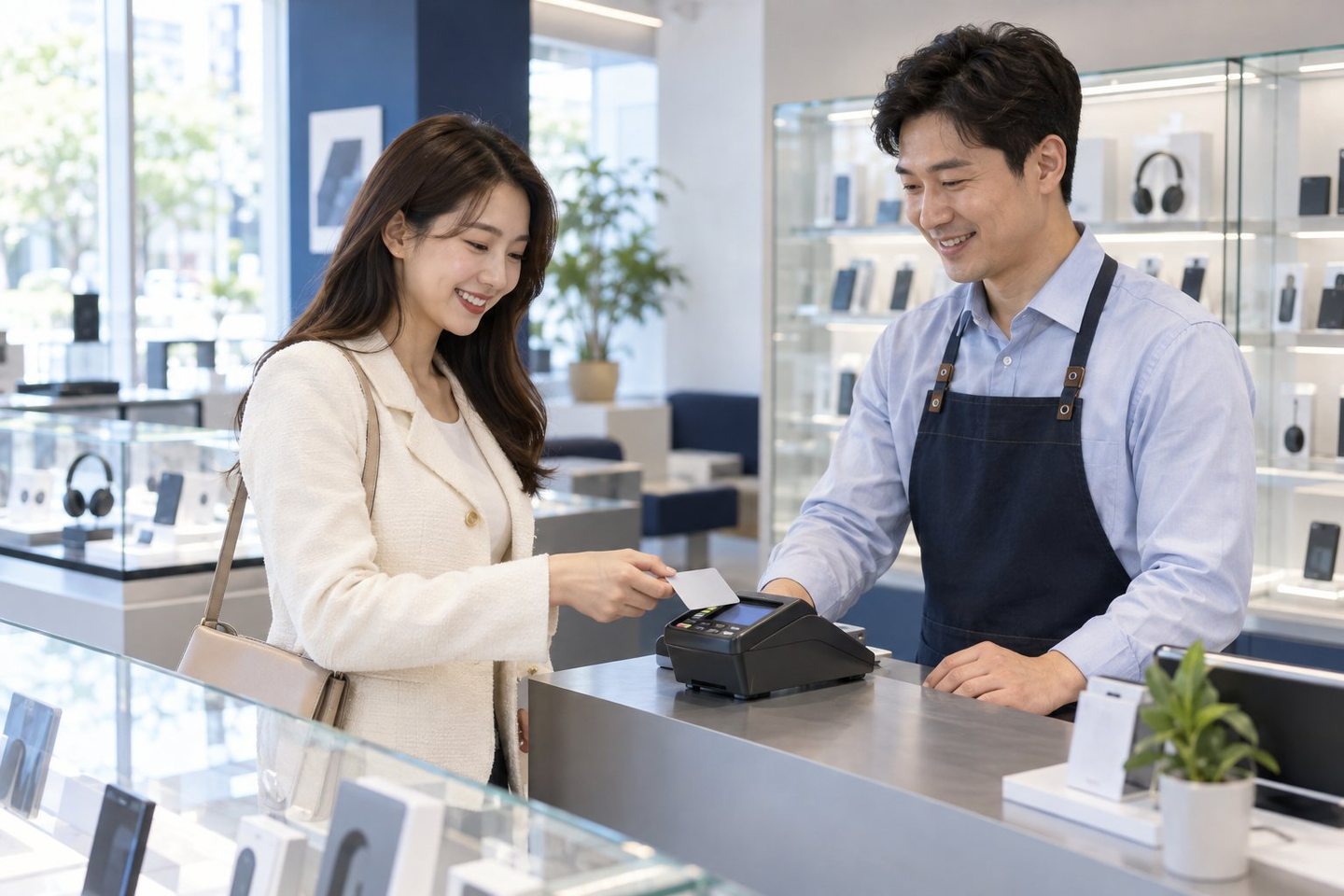 카운터에서 직원과 고객이 단말기를 확인하는 장면 — PG사 수수료 비교 거절 이력거절 이력, 그때 이야기부터 들려주세요. 한 번 막힌 업종도 처음부터 다시 상담합니다.